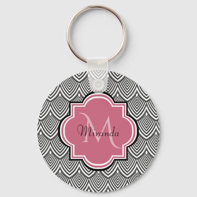 Porte-clés Trendy Black Arched Scallops Pink Monogramme Nom (Recto)