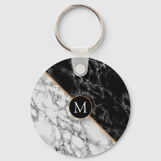 Porte-clés Trendy Black & White Marble Stone -Add Your Letter (Recto)