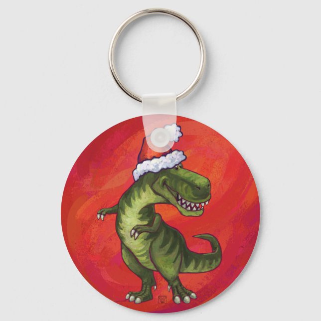 Porte-clés TRex Dino à Santa Hat sur Red (Recto)