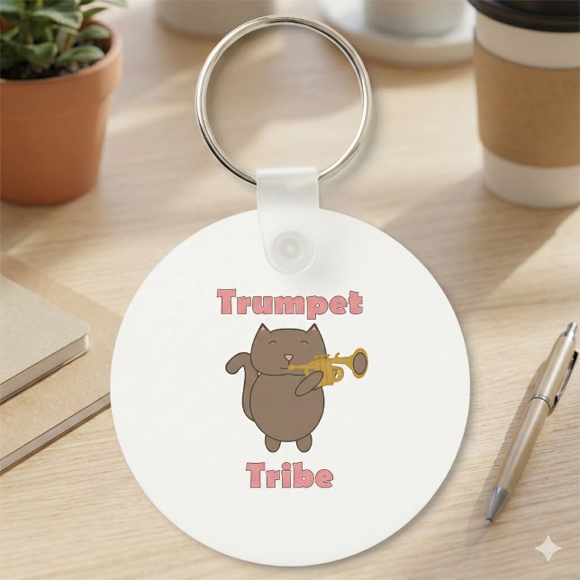 Porte-clés Tribu Trompette Chat Rose (A keychain featuring a brown cat and the text trumpet tribe in pink.)