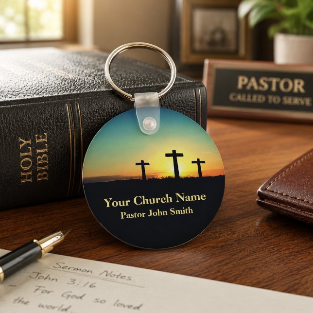 Porte-clés Trois croix ciel de coucher de soleil Église (Créateur téléchargé)