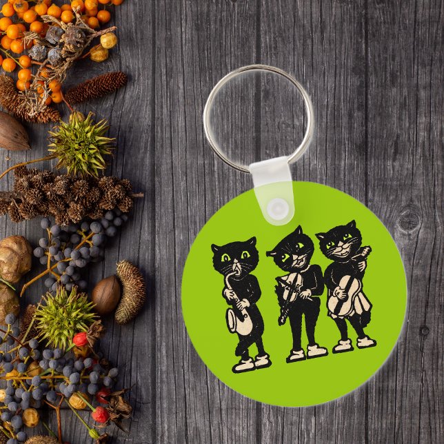 Porte-clés Trois Porte - clé de chats musicaux (Three black cat musicians playing musical instruments green eyes on green keychain.)