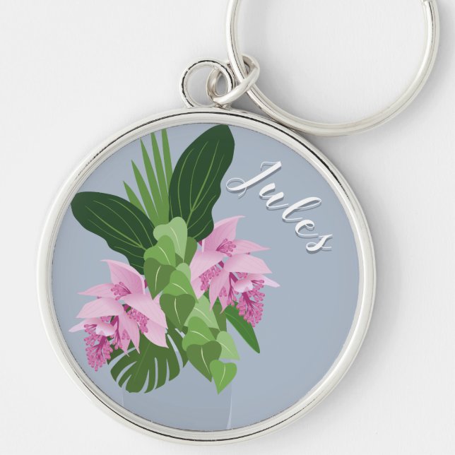 Porte-clés Tropical Medinilla Rose Flower Vase sur Blue Name (Devant)