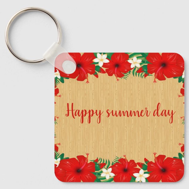 Porte-clés Tropical moderne, Hibiscus, Texture du bois (Recto)