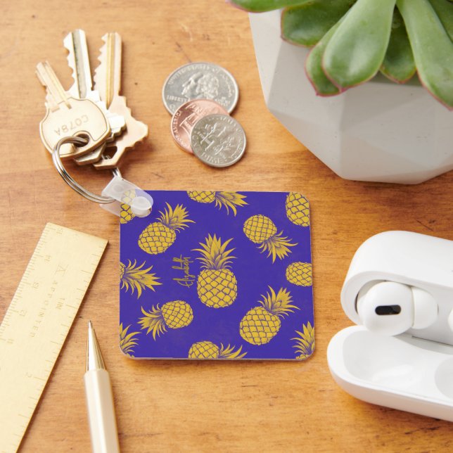 Porte-clés Tropical Pineapple with Name – Watercolor Style (Bureau)