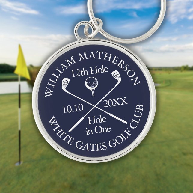Porte-clés Trou en un de golf personnalisé bleu marine (Personalized Golf Hole in One Navy Blue Keychain)