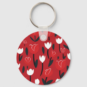 Porte-clés Tulipes de printemps florales rouges et blanches g