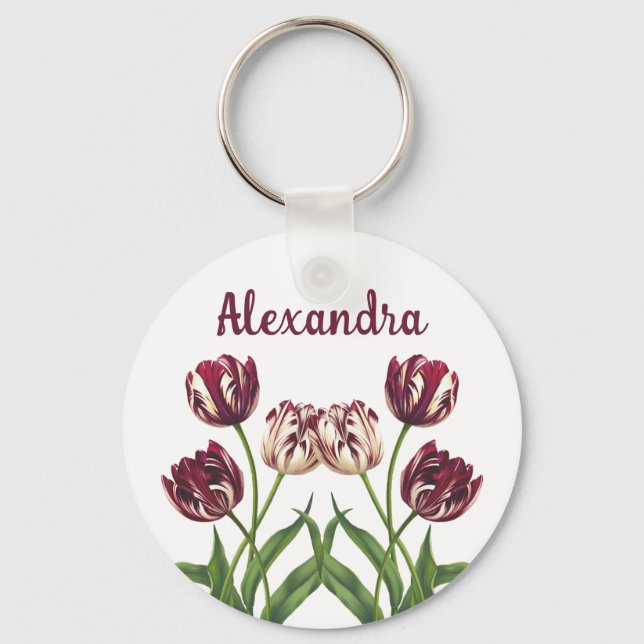 Porte-clés Tulipes Maroon Avec Nom (Recto)