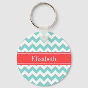 Porte-clés Turq / Aqua Blanc Chevron Corail Rouge Monogramme
