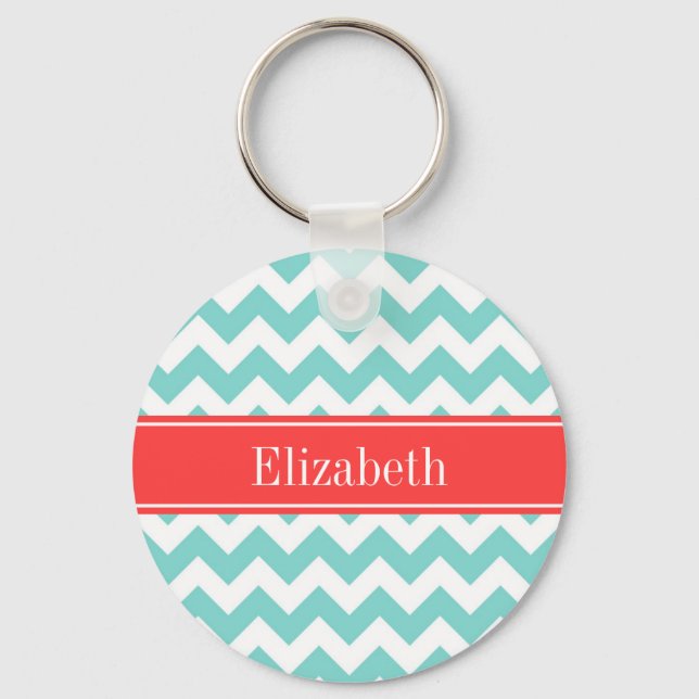 Porte-clés Turq / Aqua Blanc Chevron Corail Rouge Monogramme  (Recto)