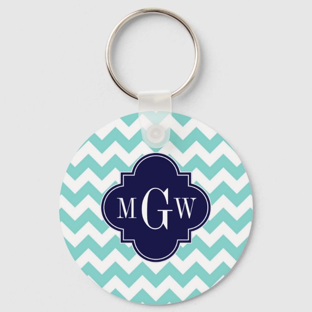 Porte-clés Turq / Aqua Wht Chevron Navy 3 Monogramme initial (Recto)