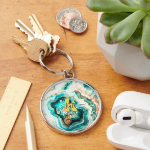 Porte-clés Turquoise Aqua Agate Golden Custom Monogramme mode
