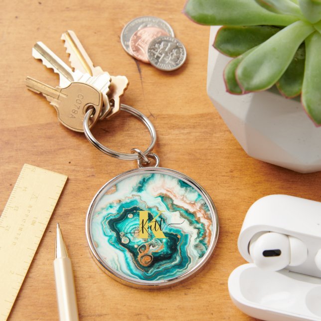 Porte-clés Turquoise Aqua Agate Golden Custom Monogramme mode (Bureau)