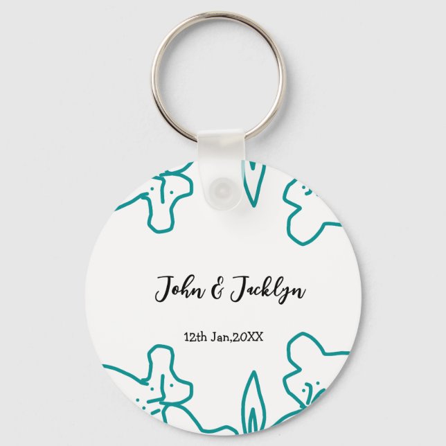 Porte-clés Turquoise bleu couple marié date flstylish  (Recto)