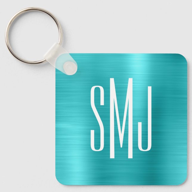 Porte-clés Turquoise Bleu Feuille Trois Lettres Monogramme (Recto)