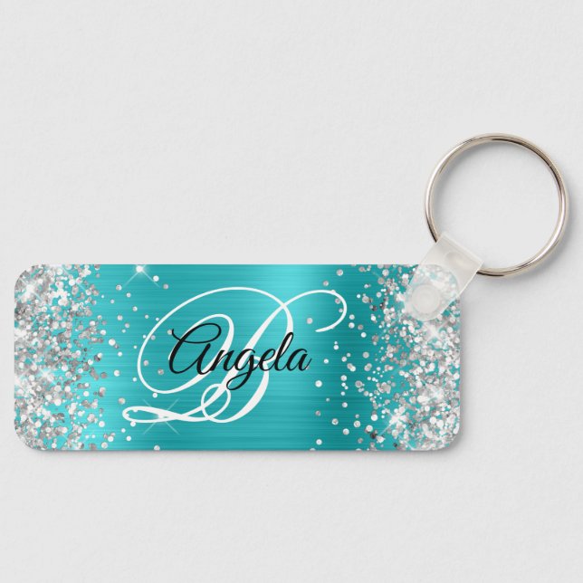 Porte-clés Turquoise Bleu Pailleté Argenté Monogramme Fantais (Recto)