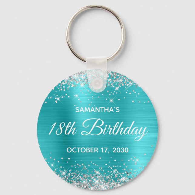 Porte-clés Turquoise Bleu Paillettes Argentées 18e Anniversai (Recto)