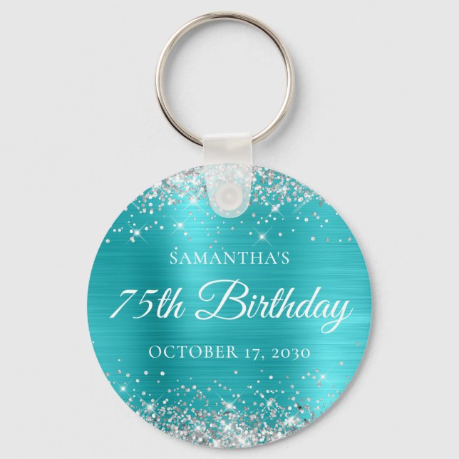 Porte-clés Turquoise Bleu Paillettes Argentées 75e Anniversai (Recto)