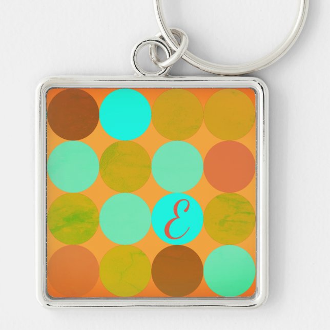 Porte-clés Turquoise Bleu Vert & Cercles Orange Monogramme (Devant)