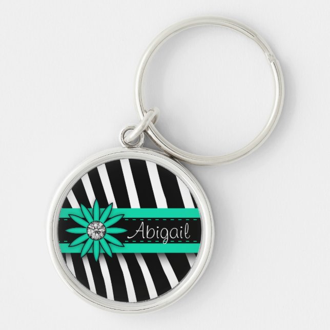 Porte-clés Turquoise Blue Floral Gem & Zebra Pattern (Devant)