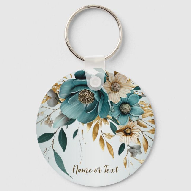 Porte-clés Turquoise Fleur Blanche Feuilles Dorées Élégantes (Recto)