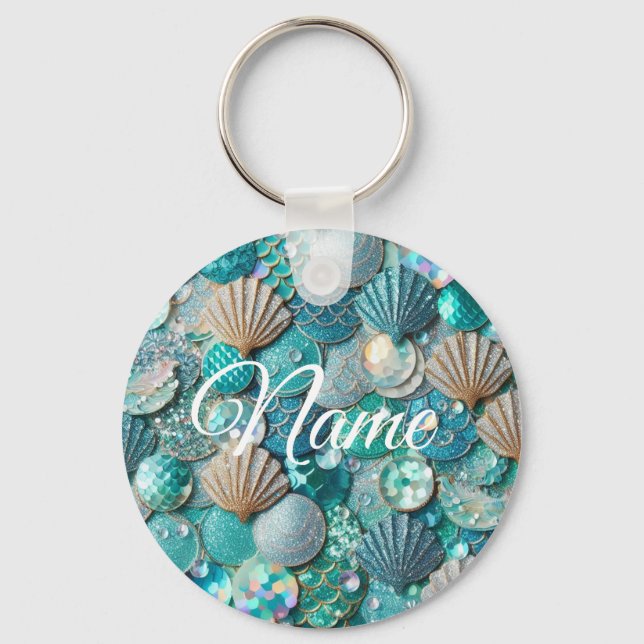 Porte-clés Turquoise Glitterie Sirène Impression Avec Coques (Recto)