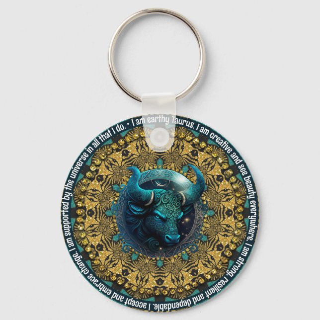 Porte-clés Turquoise+Gold Astrologie Affirmations Taurus Zodi (Recto)