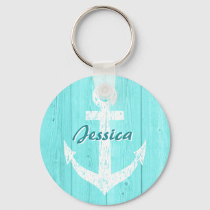 Porte-clés Turquoise nautical boat anchor keychain with name