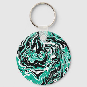 Porte-clés Turquoise, noir et Marbre blanc Fluid Art