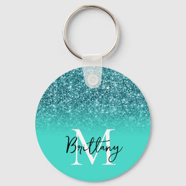 Porte-clés Turquoise Pailleté Turquoise Ombré Monogrammé (Recto)
