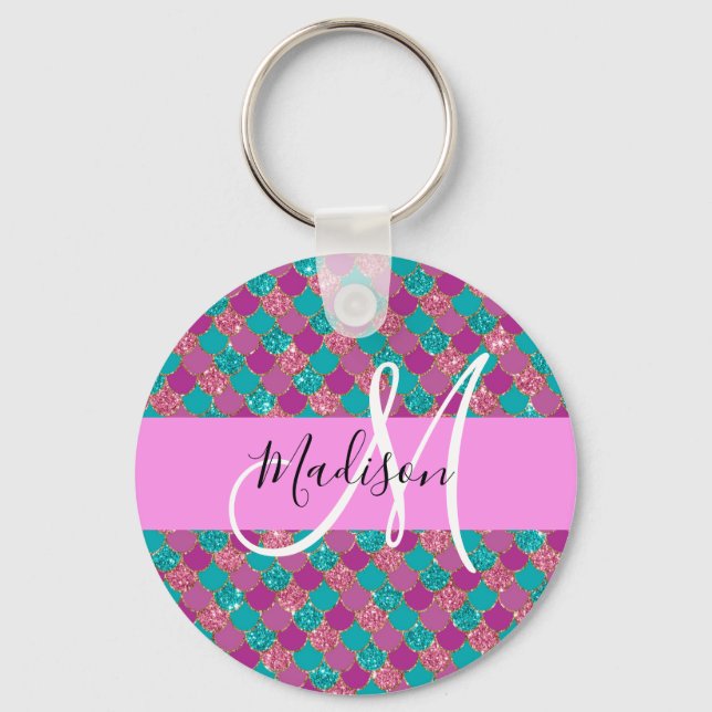 Porte-clés Turquoise Topaze Sirène Paillettes Monogramme (Recto)