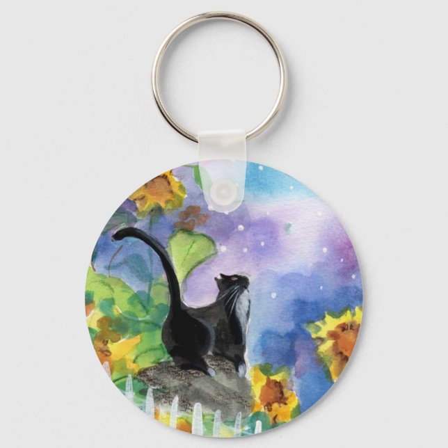 Porte-clés Tuxedo Cat Moon dans les tournesols (Recto)
