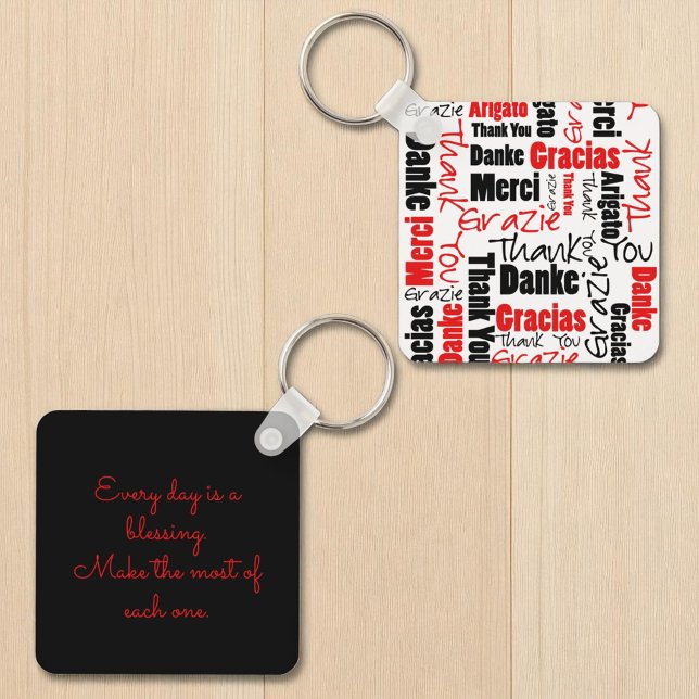 Porte-clés Typographie "Merci" multilingue noire rouge (front and back key ring template on back )