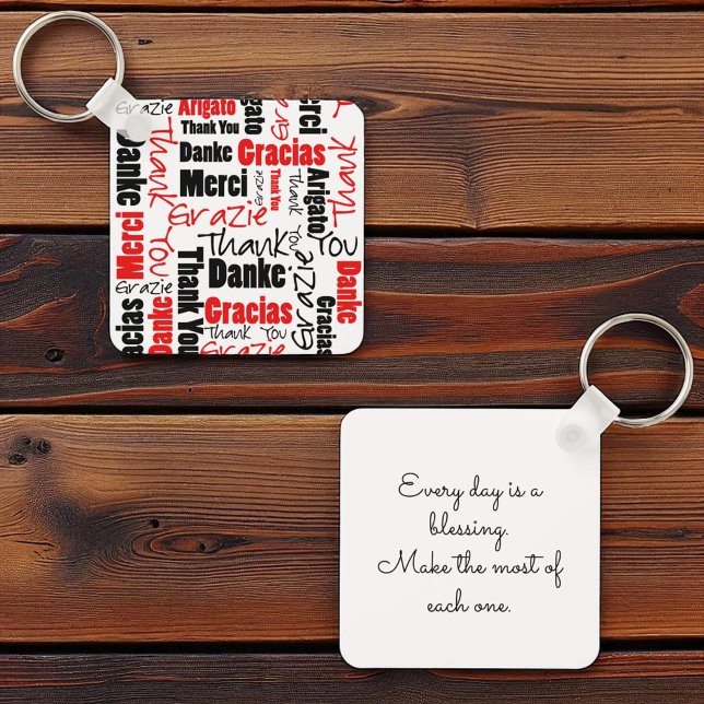 Porte-clés Typographie "Merci" multilingue noire rouge (front and back of square key ring with template text on back)