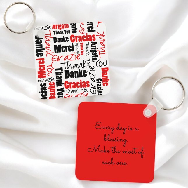 Porte-clés Typographie "Merci" multilingue noire rouge (key ring front and back with template text back)