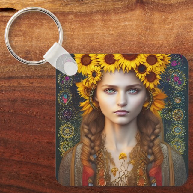 Porte-clés Ukrainienne fille d'amulettes et de tournesols (Recto)