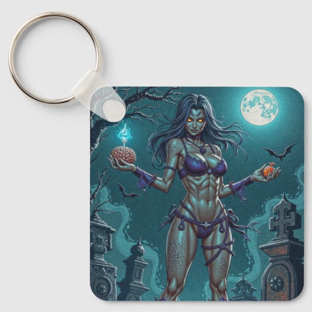 Porte-clés Une fille zombie propose des friandises ou des cer (Recto)