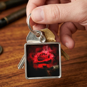 Porte-clés Une rose rouge aquarelle sur fond noir