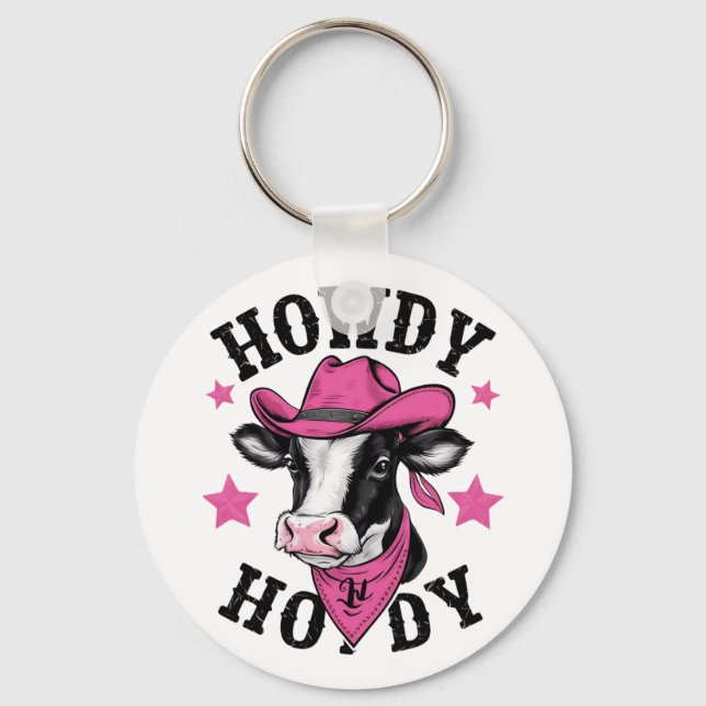 Porte-clés Une vache portant un cow-boy rose vif (Recto)