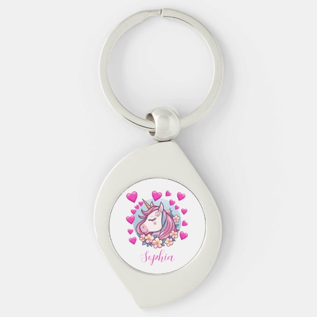 Porte-clés Unicorne mignonne, Coeurs et Fleurs roses, Nom per (Devant)
