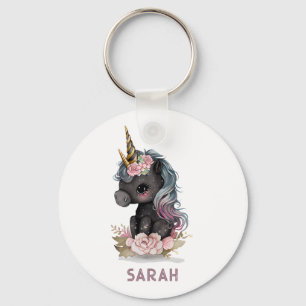 Porte-clés Unicorne noire mignonne avec Fleurs Aquarelle Unic