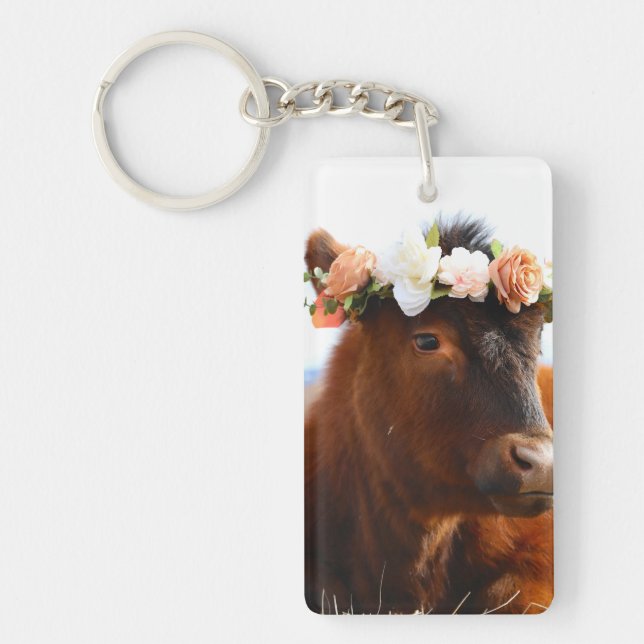 Porte-clés vache avec couronne de fleurs (2 côtés) (Devant)