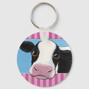 Porte-clés Vache blanche et noire mignonne avec bande rose