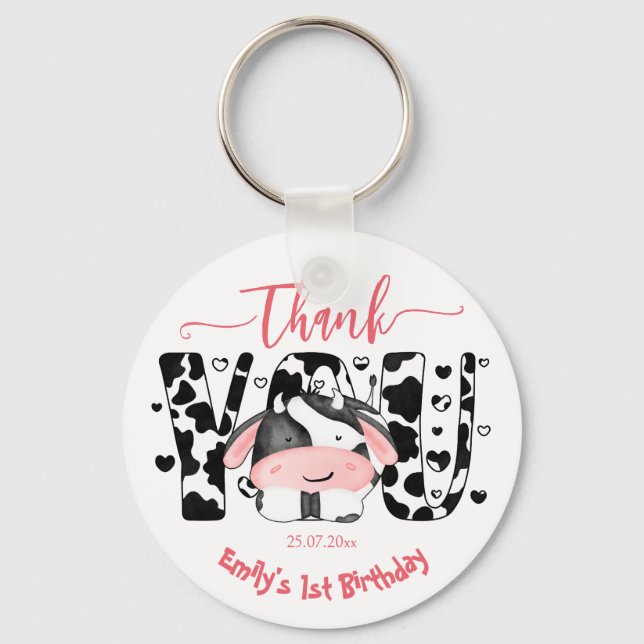 Porte-clés Vache de fête vache rose merci pour (Recto)
