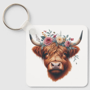 Porte-clés Vache des hautes terres mignonne, florale/printani