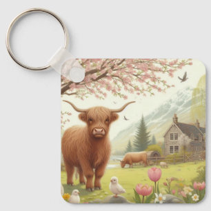 Porte-clés Vache des hautes terres mignonne, florale/printani