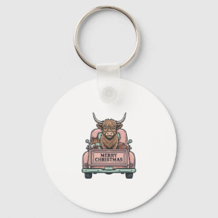 Porte-clés Vache des Highlands Camion de Noël Gravure Vintage