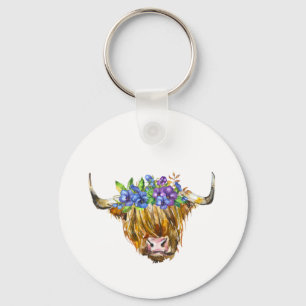 Porte-clés Vache écossaise avec fleurs Aquarelle