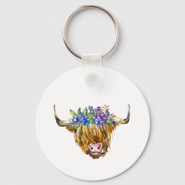 Porte-clés Vache écossaise avec fleurs Aquarelle (Recto)