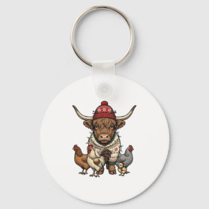Porte-clés Vache Highland et poulets de Noël Gravure vintage